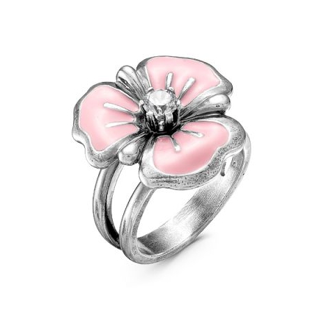 2388610-2 Кольцо розовый цветок из оксидированного серебра с эмалью и фианитом, Красная Пресня