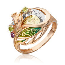 Кольцо из золота с хризолитом и эмалью PLATINA Jewelry - "Павлин"