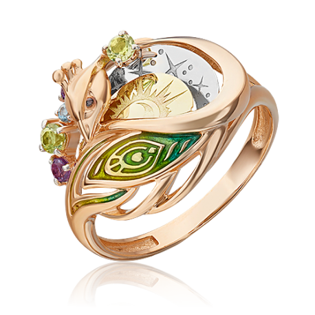 Кольцо из золота с хризолитом и эмалью PLATINA Jewelry - "Павлин"