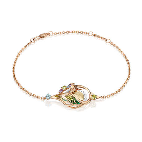 Браслет из золота с хризолитом и эмалью PLATINA Jewelry - "Павлин"